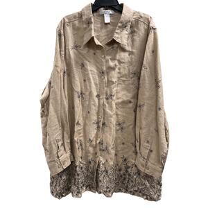 Avenue Jessica London long sleeve linen tan black floral button up plus sz 30-32